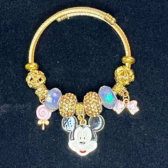 Fashion Jewelry Mickey Mouse Bangle Charm Bracelet Gold Plated Multicolored - Picture 5 of 5